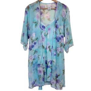 Vtg Peignoir Set Small Sheer Chiffon Turqipose Lavendar Watercolor Floral Lace